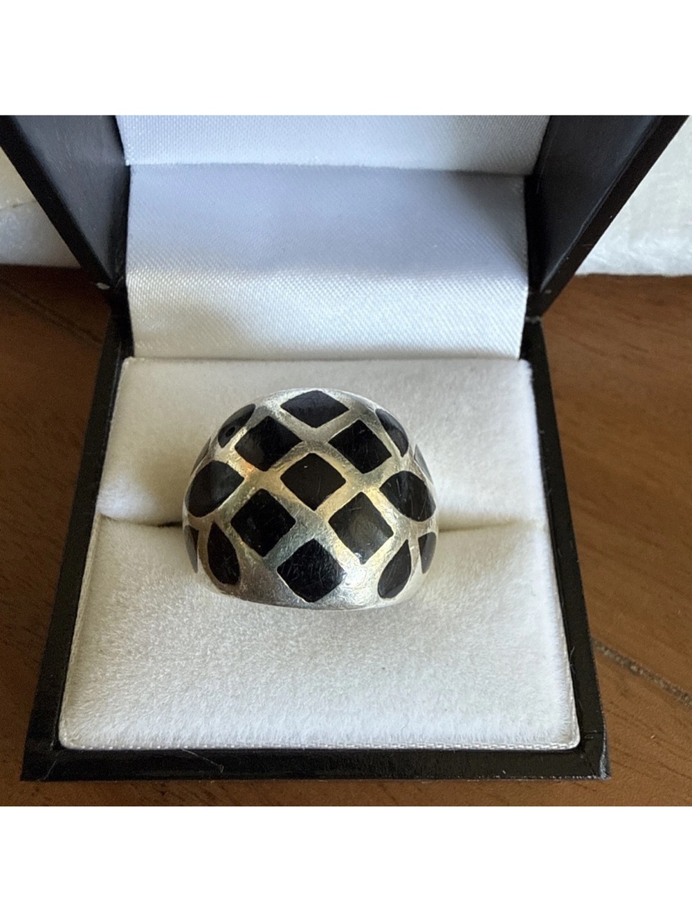 Sterling Silver Dome Ring with Black Lattice Inlay - Women Jewelry